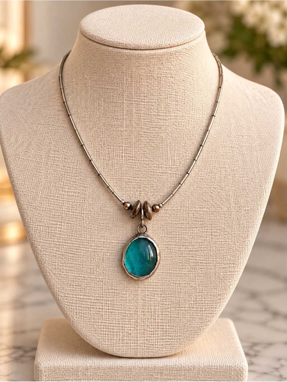 Teal Gem Pendant Silver Necklace